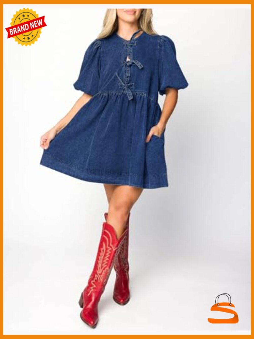 Puff Sleeve Babydoll Denim Romper Dress with Pockets - Picture 5 of 7